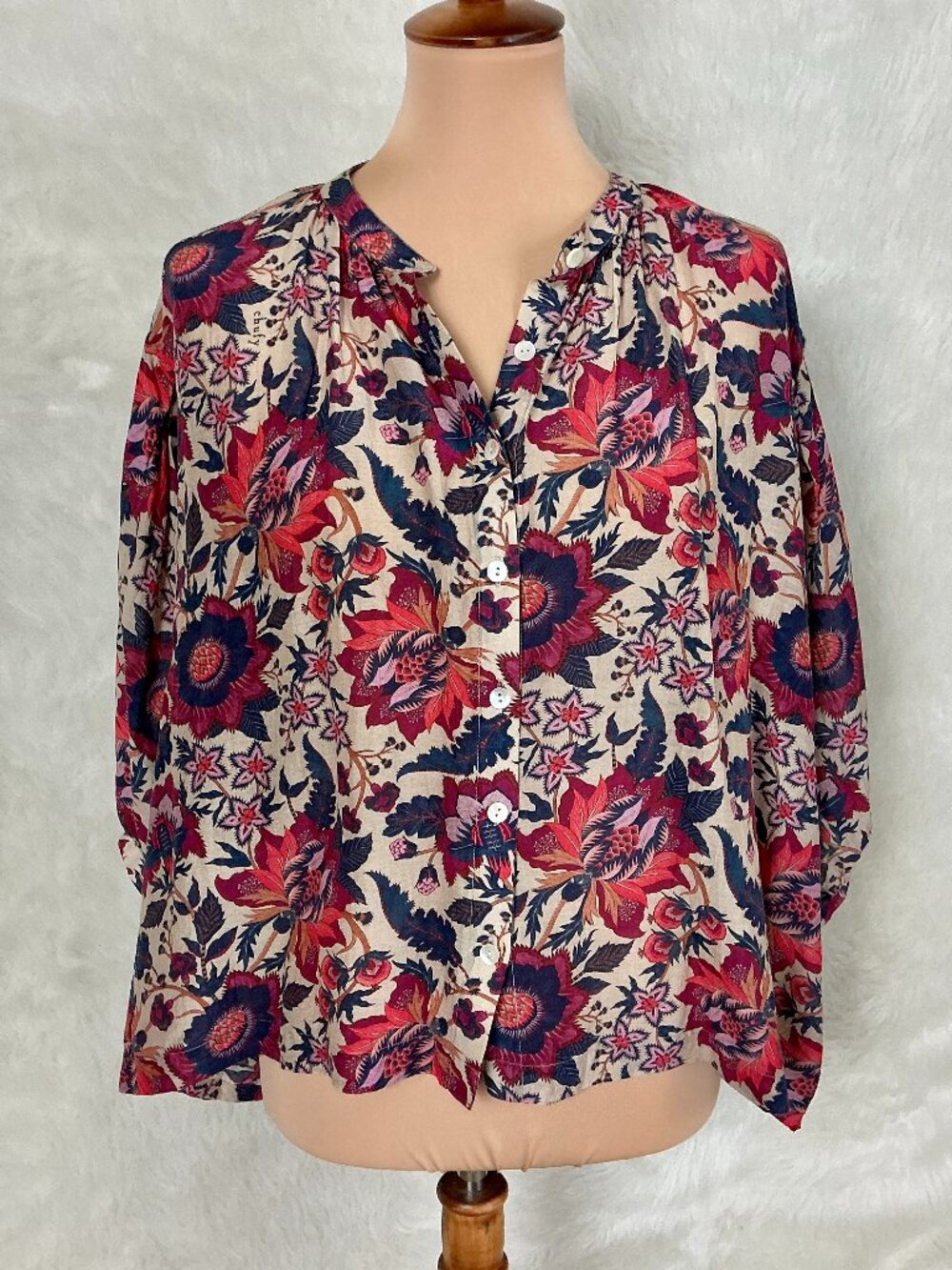 Chufy Luisa Cotton Silk Cream Red Purple Floral Blouse XS